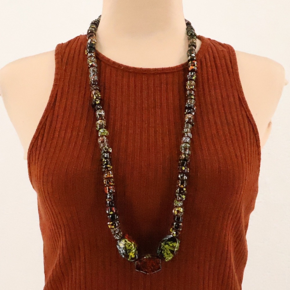 Vintage Millefiori Style Glass Bead Necklace Lampwork Splatter Boho Artisan 32in